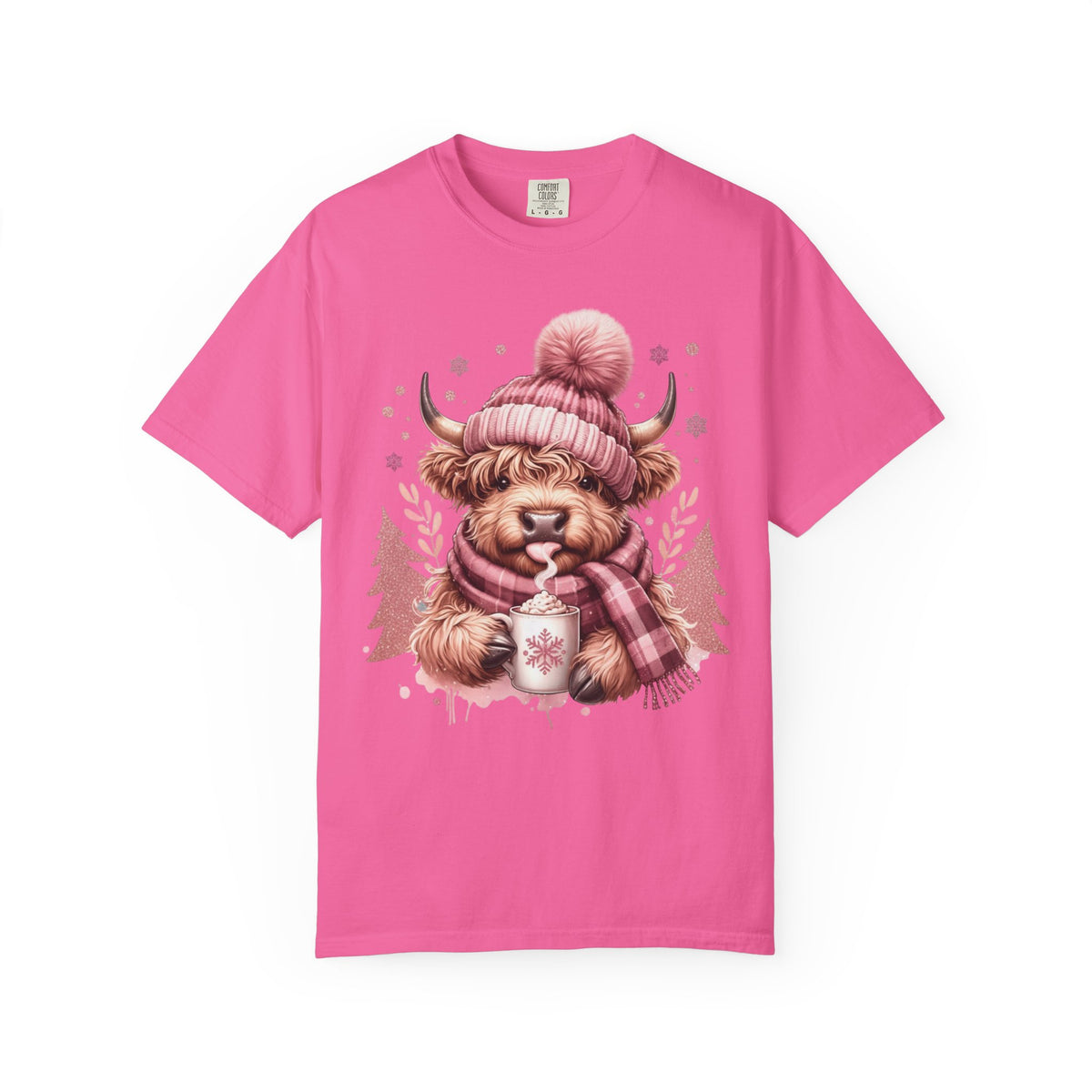 Cozy Highland Cow, Winter Coffee Mug & Scarf - Comfort Colors | Trendy Women's T-Shirt. Direct to Garment. Printed & Shipped in the USA. Unisex Sizes.