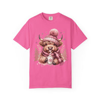 Cozy Highland Cow, Winter Coffee Mug & Scarf - Comfort Colors | Trendy Women's T-Shirt. Direct to Garment. Printed & Shipped in the USA. Unisex Sizes.