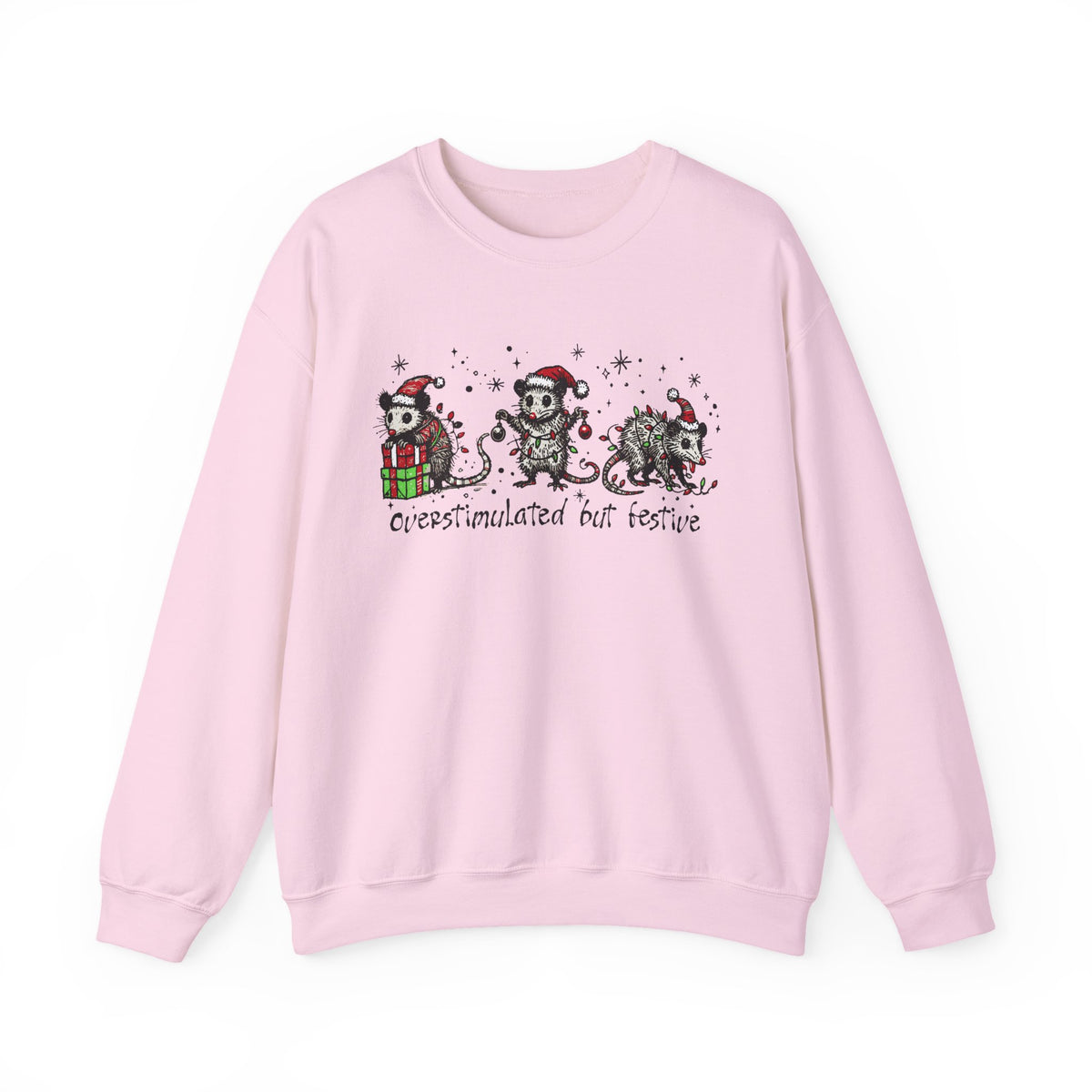 Overstimulated But Festive Christmas Possums – Gildan Heavy Blend | Trendy Women’s and Men's Soft Sweatshirt. Direct to Garment. Printed & Shipped in the USA. Unisex Sizes.