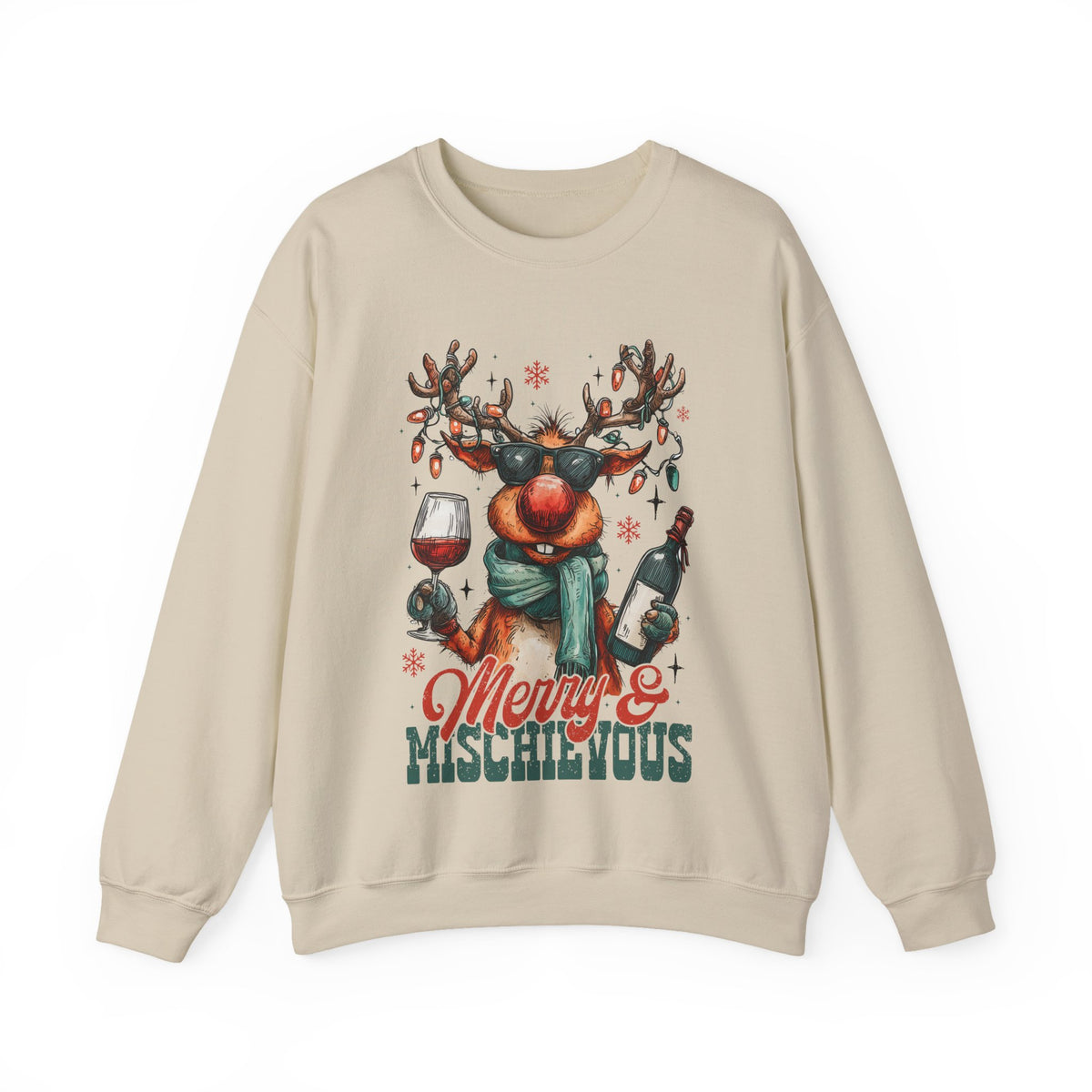 Merry & Mischievous Reindeer – Gildan Heavy Blend | Trendy Women’s and Men's Soft Sweatshirt. Direct to Garment. Printed & Shipped in the USA. Unisex Sizes.