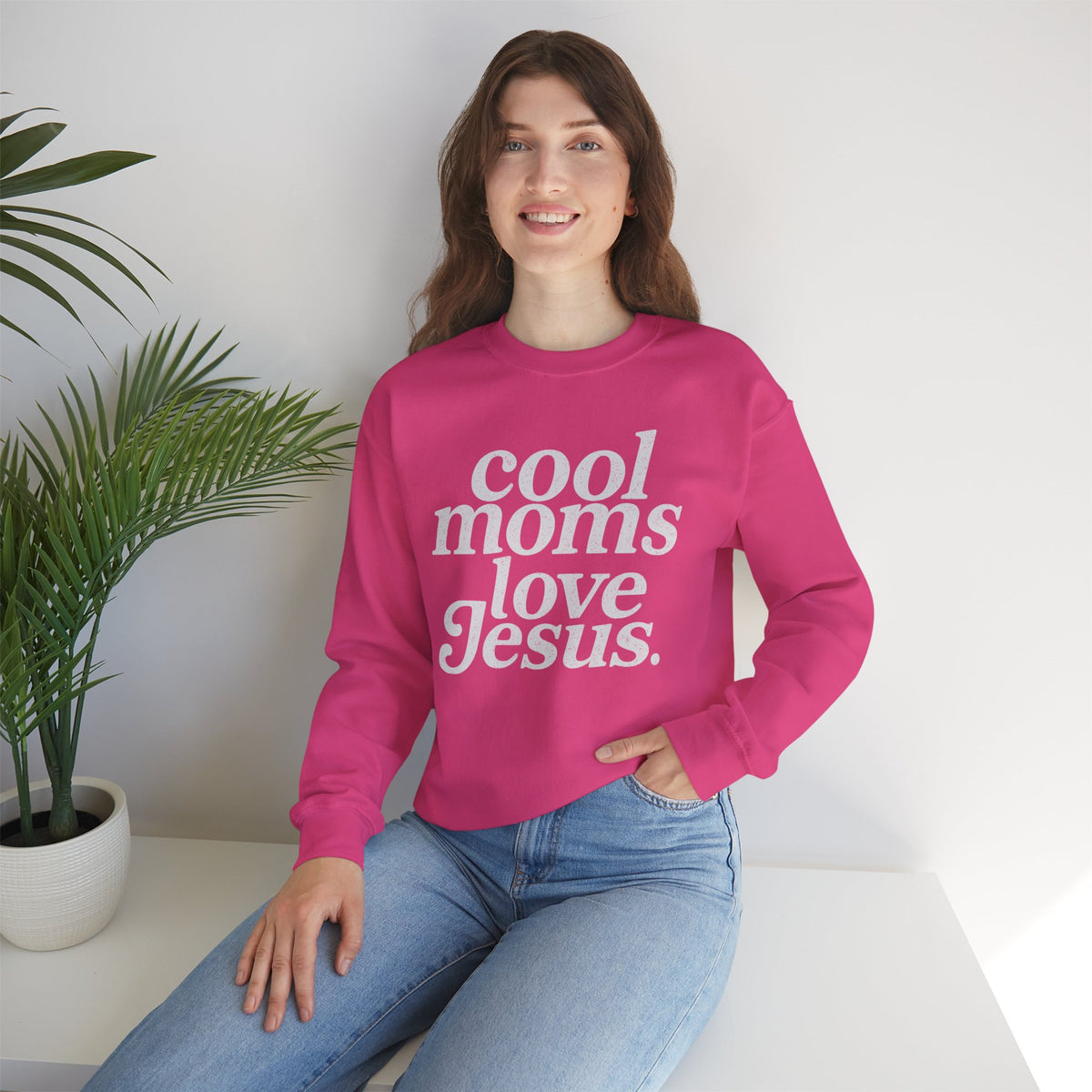 Cool Moms Love Jesus – Gildan Heavy Blend | Trendy Women’s Soft Sweatshirt. Direct to Garment. Printed & Shipped in the USA. Unisex Sizes.