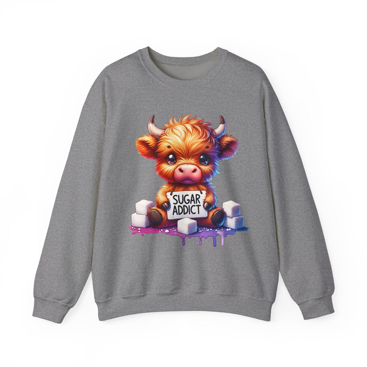 Sugar Addict Highland Cow – Gildan Heavy Blend | Trendy Women’s Soft Sweatshirt. Direct to Garment. Printed & Shipped in the USA. Unisex Sizes.