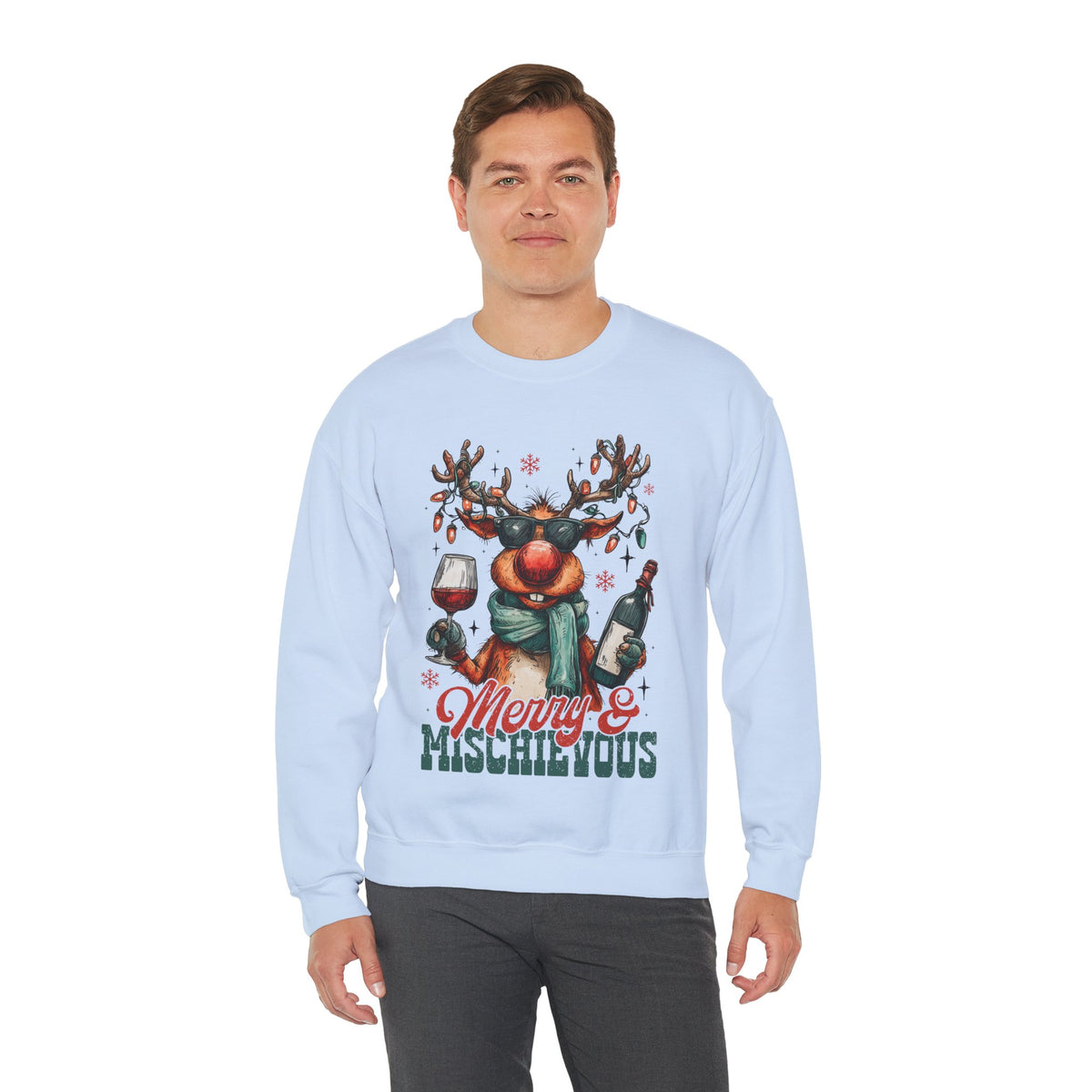 Merry & Mischievous Reindeer – Gildan Heavy Blend | Trendy Women’s and Men's Soft Sweatshirt. Direct to Garment. Printed & Shipped in the USA. Unisex Sizes.