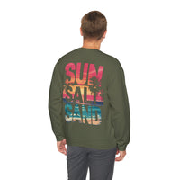 Sun Salt Sand, Beach Sunset - Front & Back Print – Gildan Heavy Blend | Trendy Women’s and Men's Soft Sweatshirt. Direct to Garment. Printed & Shipped in the USA. Unisex Sizes.