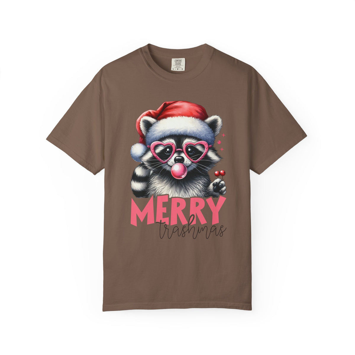 Merry Trashmas Bubblegum Raccoon w/Santa Hat Christmas - Comfort Colors | Trendy Women's T-Shirt. Direct to Garment. Printed & Shipped in the USA. Unisex Sizes.