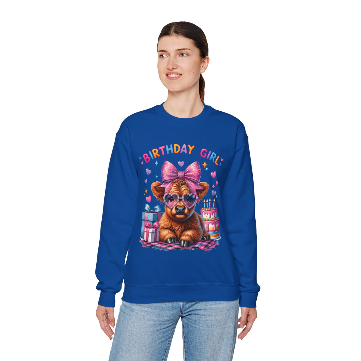 Birthday Girl, Highland Cow – Gildan Heavy Blend | Trendy Women’s Soft Sweatshirt. Direct to Garment. Printed & Shipped in the USA. Unisex Sizes.