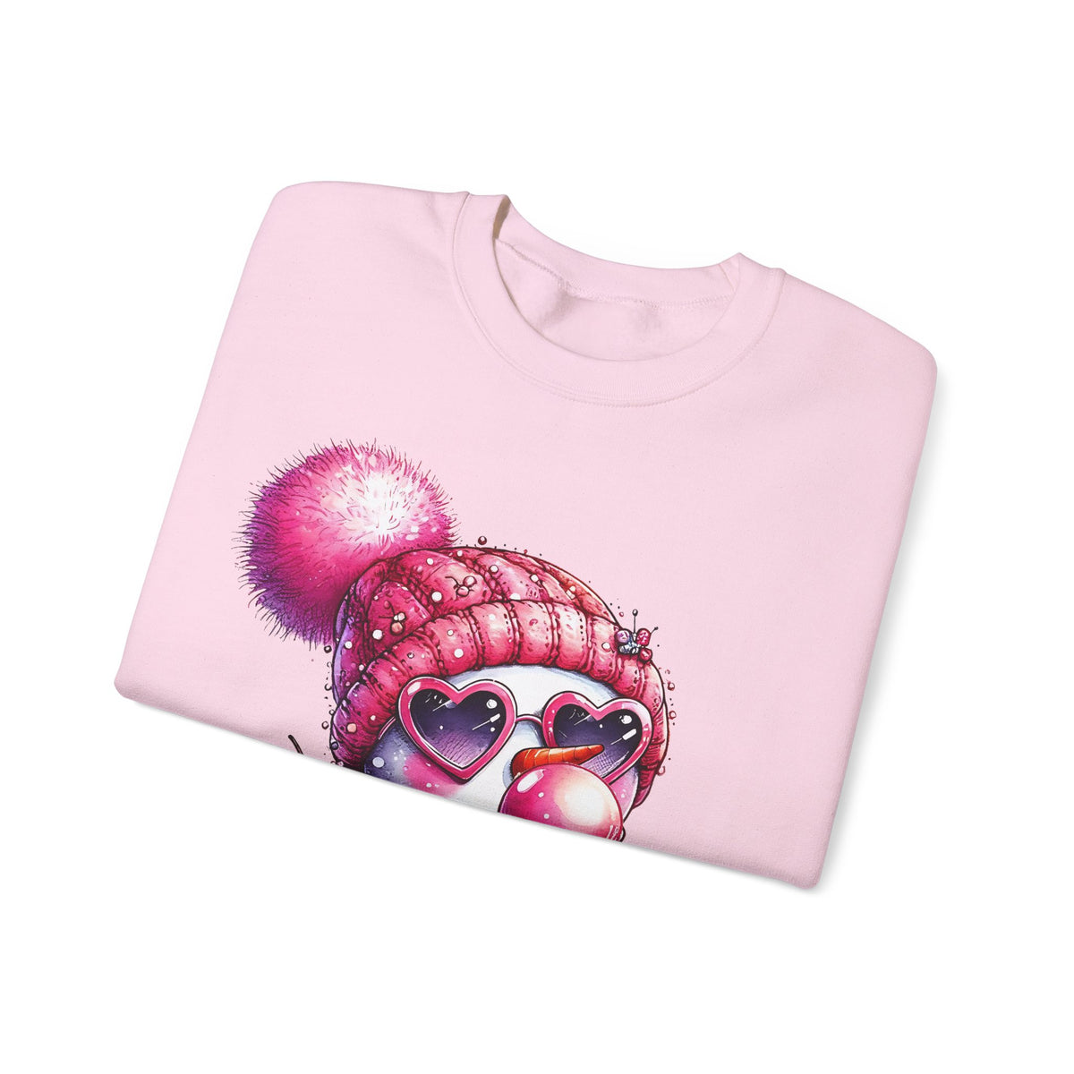 Pink Girly Snowman with Heart Sunglasses and Bubblegum - Winter – Gildan Heavy Blend | Trendy Women’s Soft Sweatshirt. Direct to Garment. Printed & Shipped in the USA. Unisex Sizes.