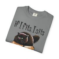 If I Fits I Sits, Cat in a Box - Comfort Colors | Trendy Women's and Men's T-Shirt. Direct to Garment. Printed & Shipped in the USA. Unisex Sizes.