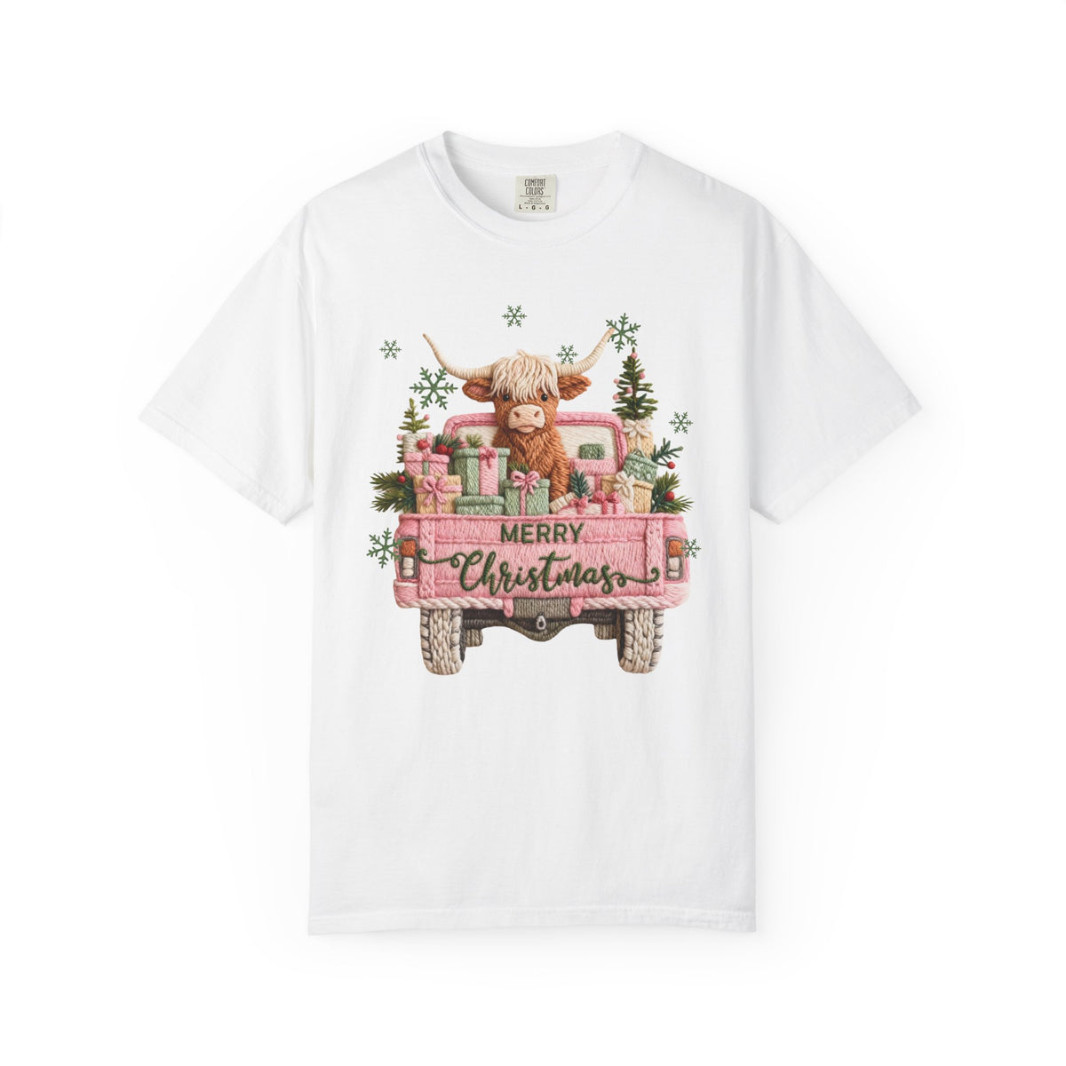 Highland Cow in Pink Truck Merry Christmas Holiday Farmhouse - Comfort Colors | Trendy Women's T-Shirt. Direct to Garment. Printed & Shipped in the USA. Unisex Sizes.