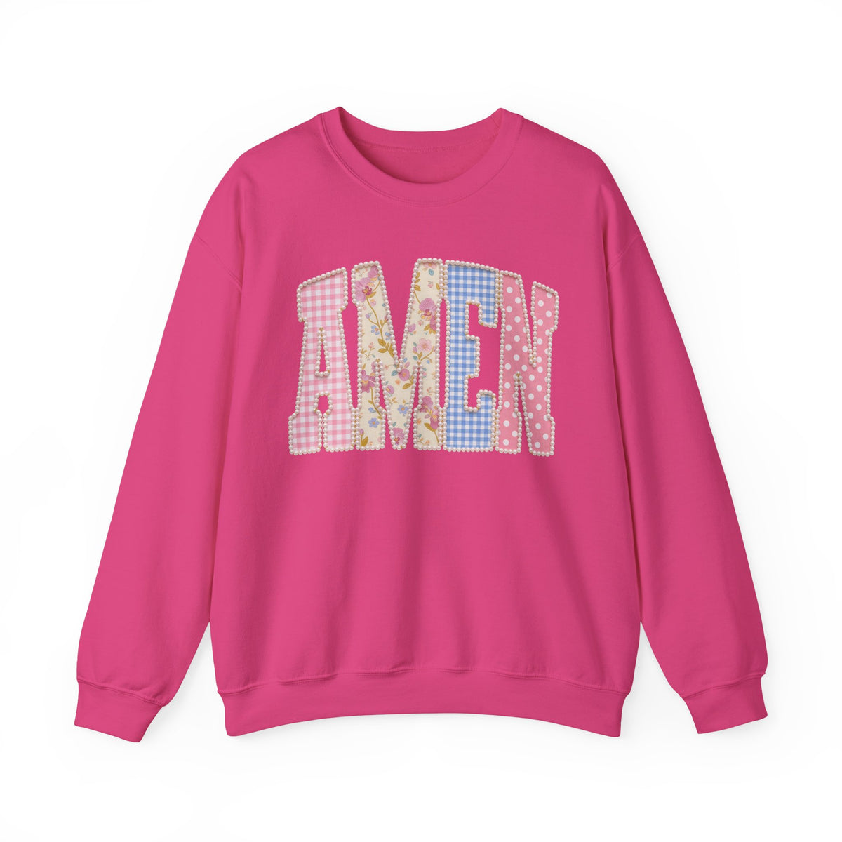 Pastel faux Patchwork AMEN with faux Pearls – Gildan Heavy Blend | Trendy Women’s Soft Sweatshirt. Direct to Garment. Printed & Shipped in the USA. Unisex Sizes.