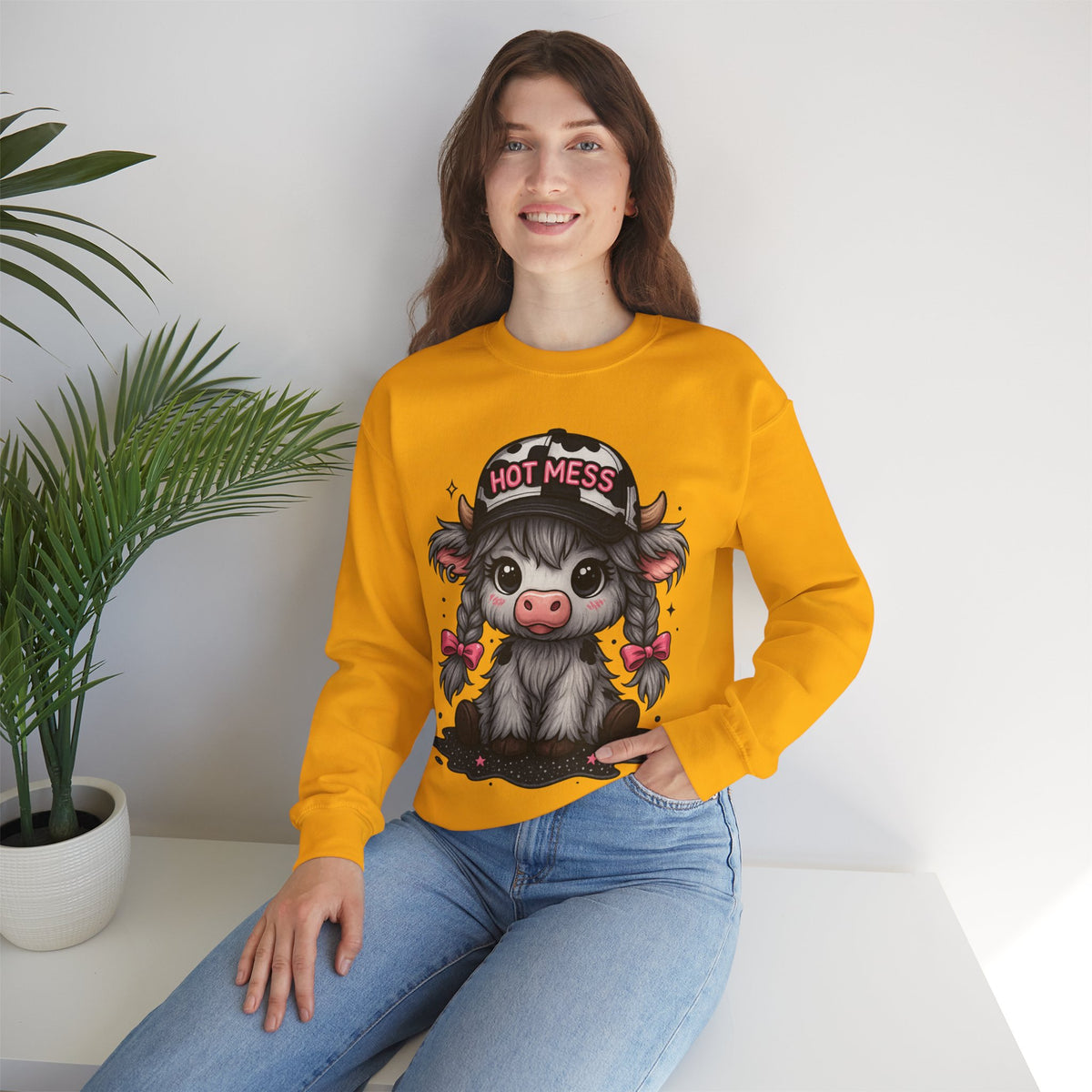 Cute Highland Cow 'Hot Mess' In Braids – Gildan Heavy Blend | Trendy Women’s Soft Sweatshirt. Direct to Garment. Printed & Shipped in the USA. Unisex Sizes.