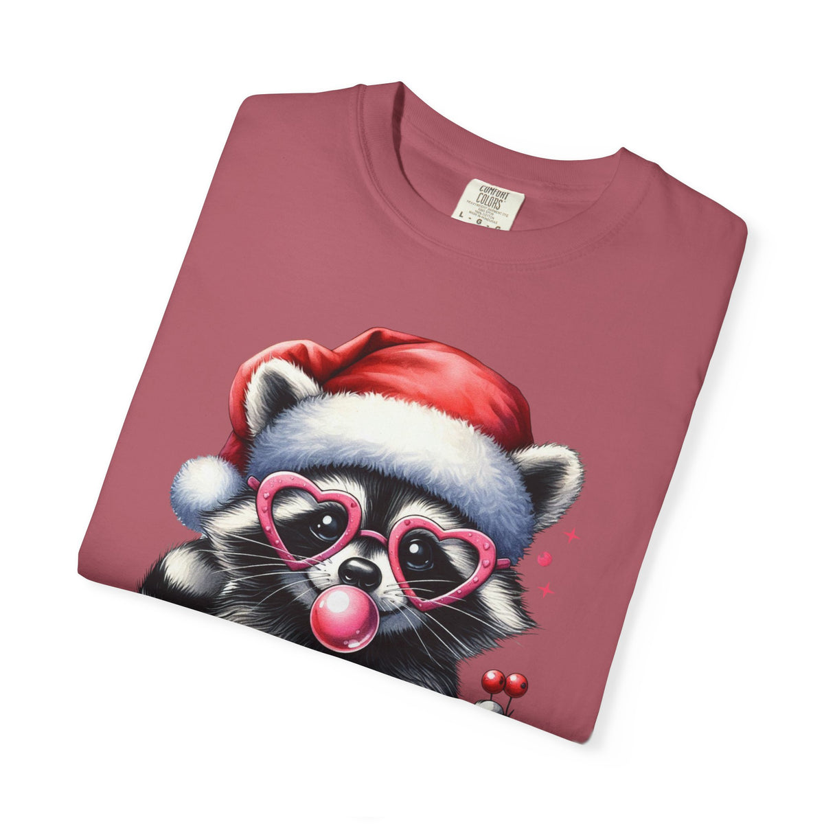 Merry Trashmas Bubblegum Raccoon w/Santa Hat Christmas - Comfort Colors | Trendy Women's T-Shirt. Direct to Garment. Printed & Shipped in the USA. Unisex Sizes.