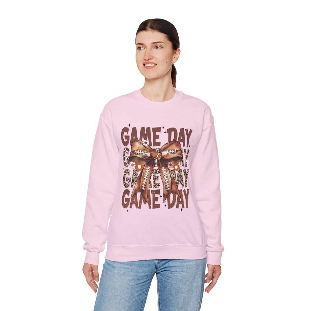 Game Day - Football Bow – Gildan Heavy Blend | Trendy Women’s Soft Sweatshirt. Direct to Garment. Printed & Shipped in the USA. Unisex Sizes.