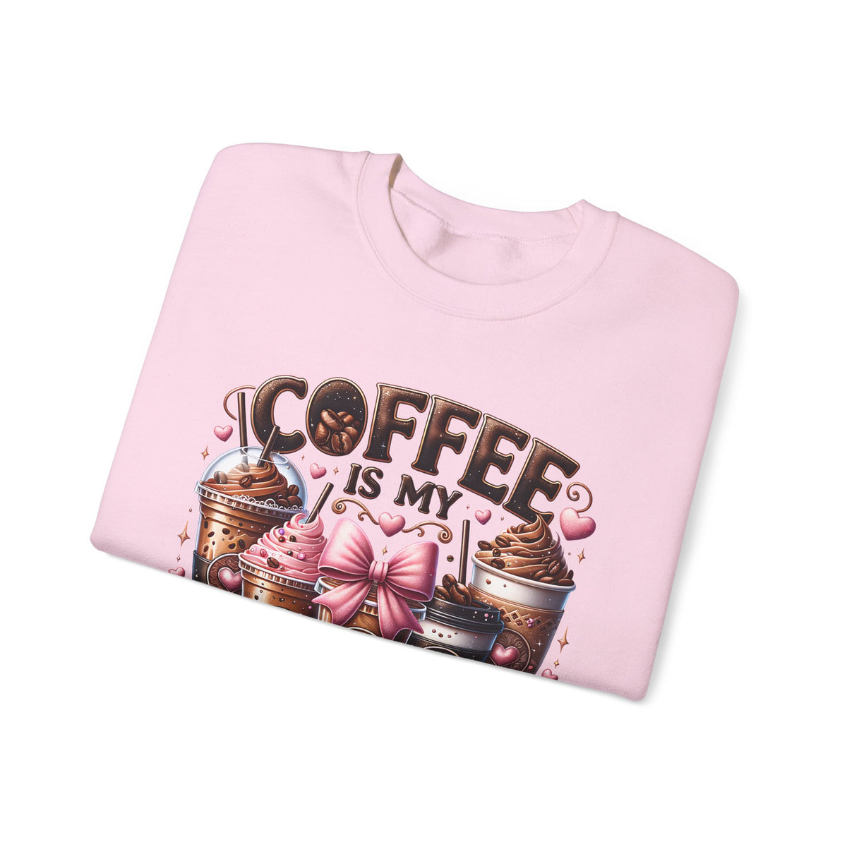 Coffee Is My Soul Food, Iced Coffee, Pink Bow – Gildan Heavy Blend | Trendy Women’s Soft Sweatshirt. Direct to Garment. Printed & Shipped in the USA. Unisex Sizes.