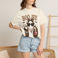 BooJee Ghost with Coffee - Halloween - Comfort Colors | Trendy Women's T-Shirt. Direct to Garment. Printed & Shipped in the USA. Unisex Sizes.