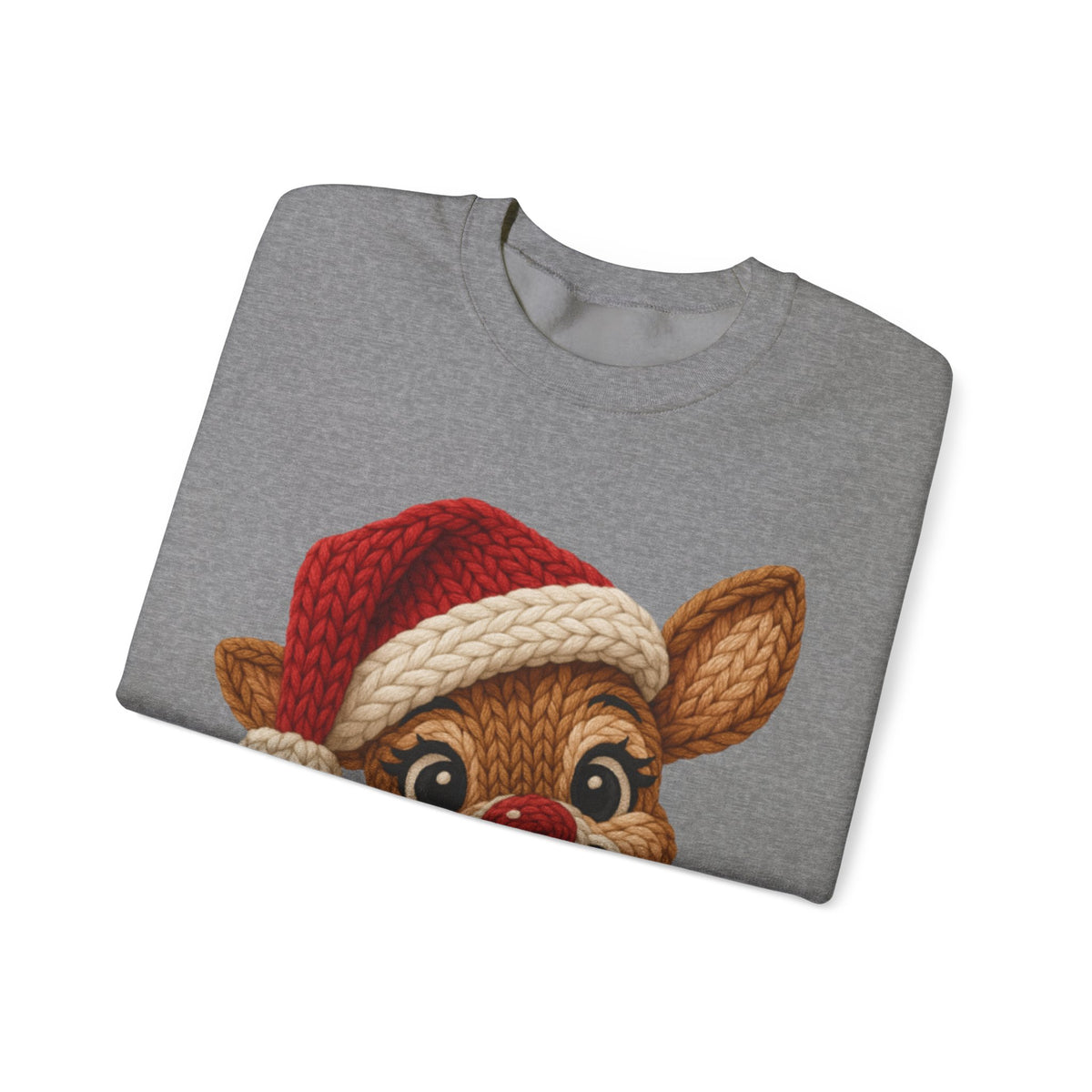Cute Rudolph Faux Knit Look Reindeer w/Santa Hat – Gildan Heavy Blend | Trendy Women’s Soft Sweatshirt. Direct to Garment. Printed & Shipped in the USA. Unisex Sizes.