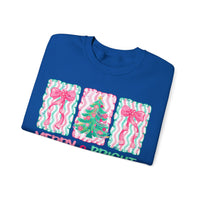 Merry & Bright Christmas - Pink & Green Holiday Tree Design – Gildan Heavy Blend | Trendy Women’s Soft Sweatshirt. Direct to Garment. Printed & Shipped in the USA. Unisex Sizes.