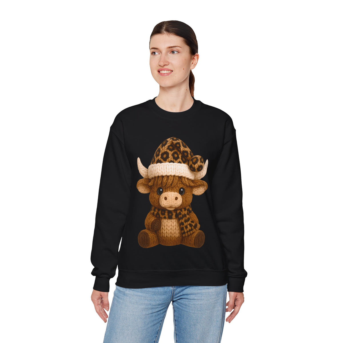 Cute Highland Cow with Leopard Santa Hat Christmas – Gildan Heavy Blend | Trendy Women’s Soft Sweatshirt. Direct to Garment. Printed & Shipped in the USA. Unisex Sizes.