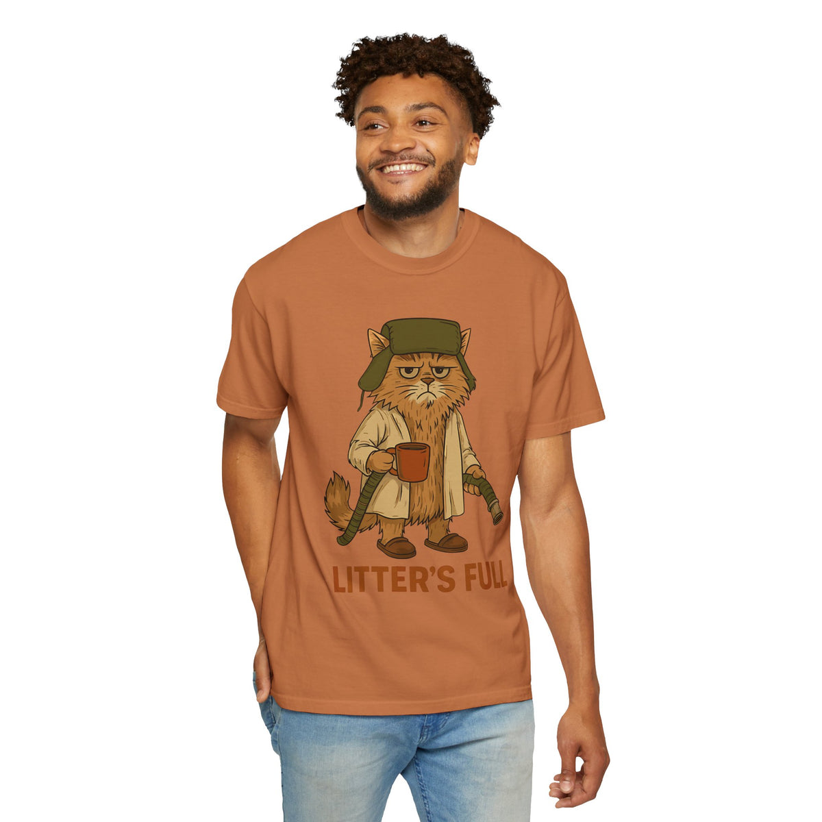 Litter's Full, Funny Cat - Comfort Colors | Trendy Men's and Women's T-Shirt. Direct to Garment. Printed & Shipped in the USA. Unisex Sizes.