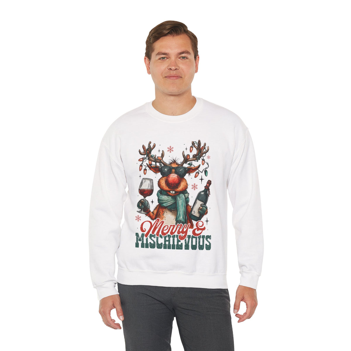 Merry & Mischievous Reindeer – Gildan Heavy Blend | Trendy Women’s and Men's Soft Sweatshirt. Direct to Garment. Printed & Shipped in the USA. Unisex Sizes.