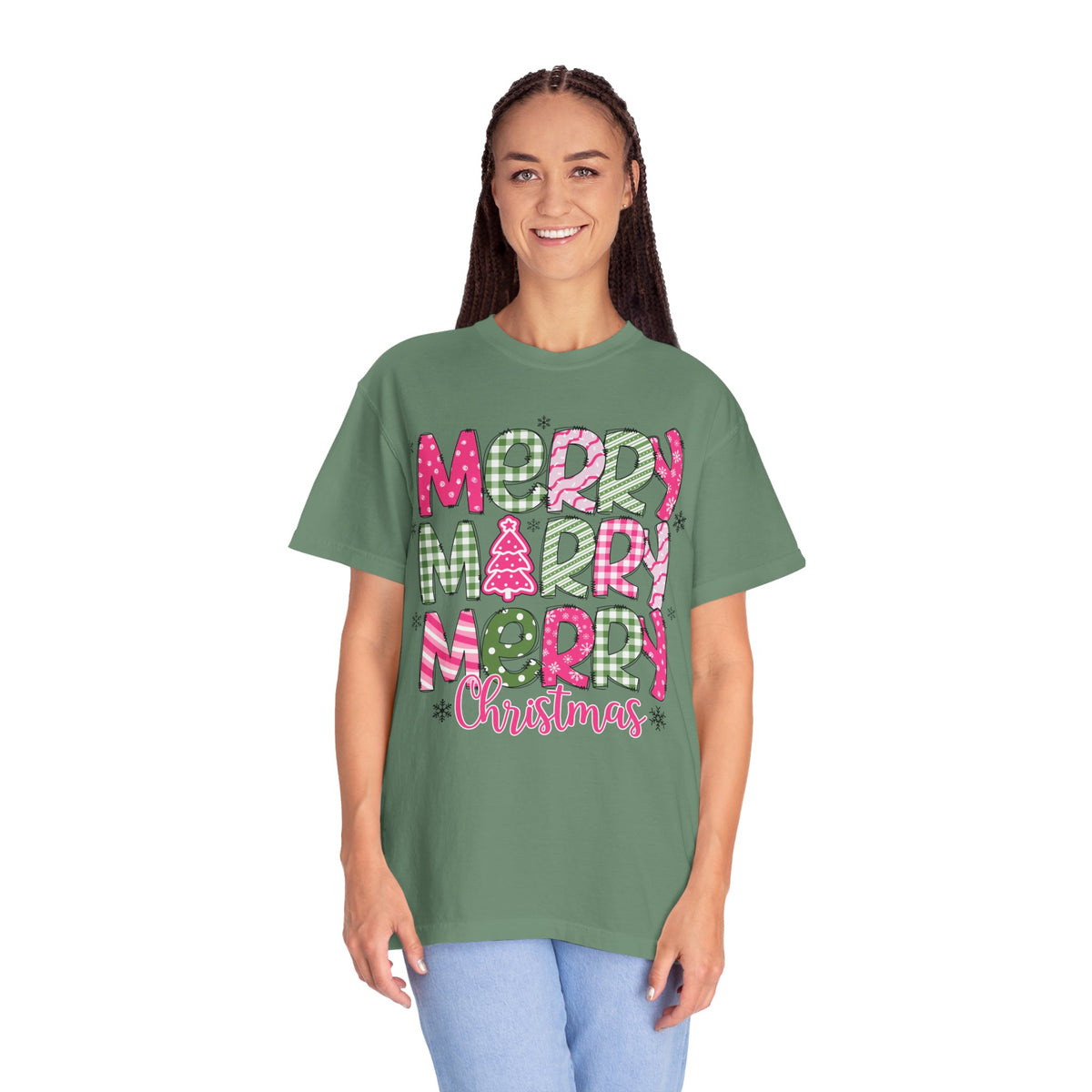 Merry Merry Merry Christmas, Festive Candy Cane & Pink and Green Plaid - Comfort Colors | Trendy Women's T-Shirt. Direct to Garment. Printed & Shipped in the USA. Unisex Sizes.