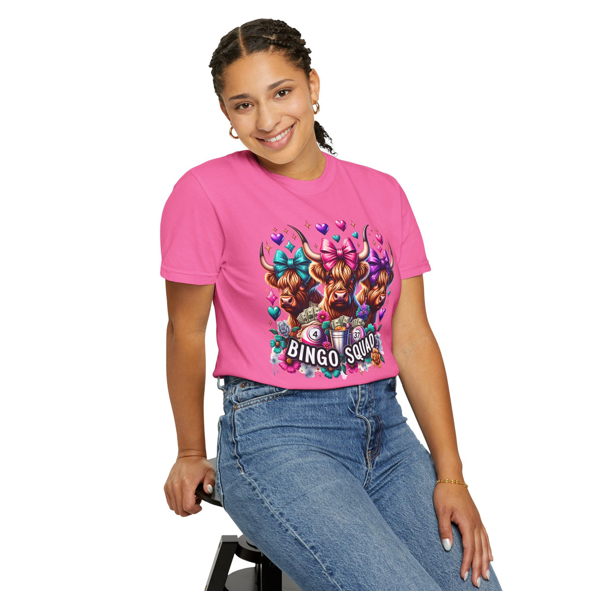 Cute Highland Cows Bingo Squad - Comfort Colors | Trendy Women's T-Shirt. Direct to Garment. Printed & Shipped in the USA. Unisex Sizes.