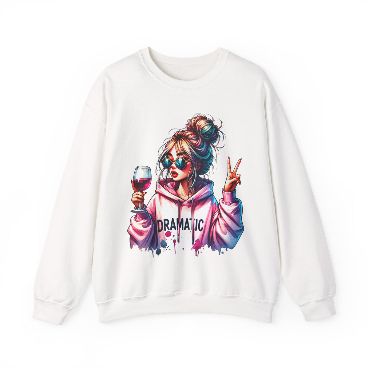 Dramatic Girl With Wine Messy Bun Peace Sign – Gildan Heavy Blend | Trendy Women’s Soft Sweatshirt. Direct to Garment. Printed & Shipped in the USA. Unisex Sizes.