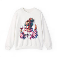Dramatic Girl With Wine Messy Bun Peace Sign – Gildan Heavy Blend | Trendy Women’s Soft Sweatshirt. Direct to Garment. Printed & Shipped in the USA. Unisex Sizes.