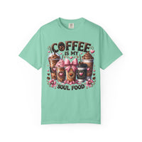 Coffee Is My Soul Food, Iced Coffee, Pink Bow - Comfort Colors | Trendy Women's T-Shirt. Direct to Garment. Printed & Shipped in the USA. Unisex Sizes.