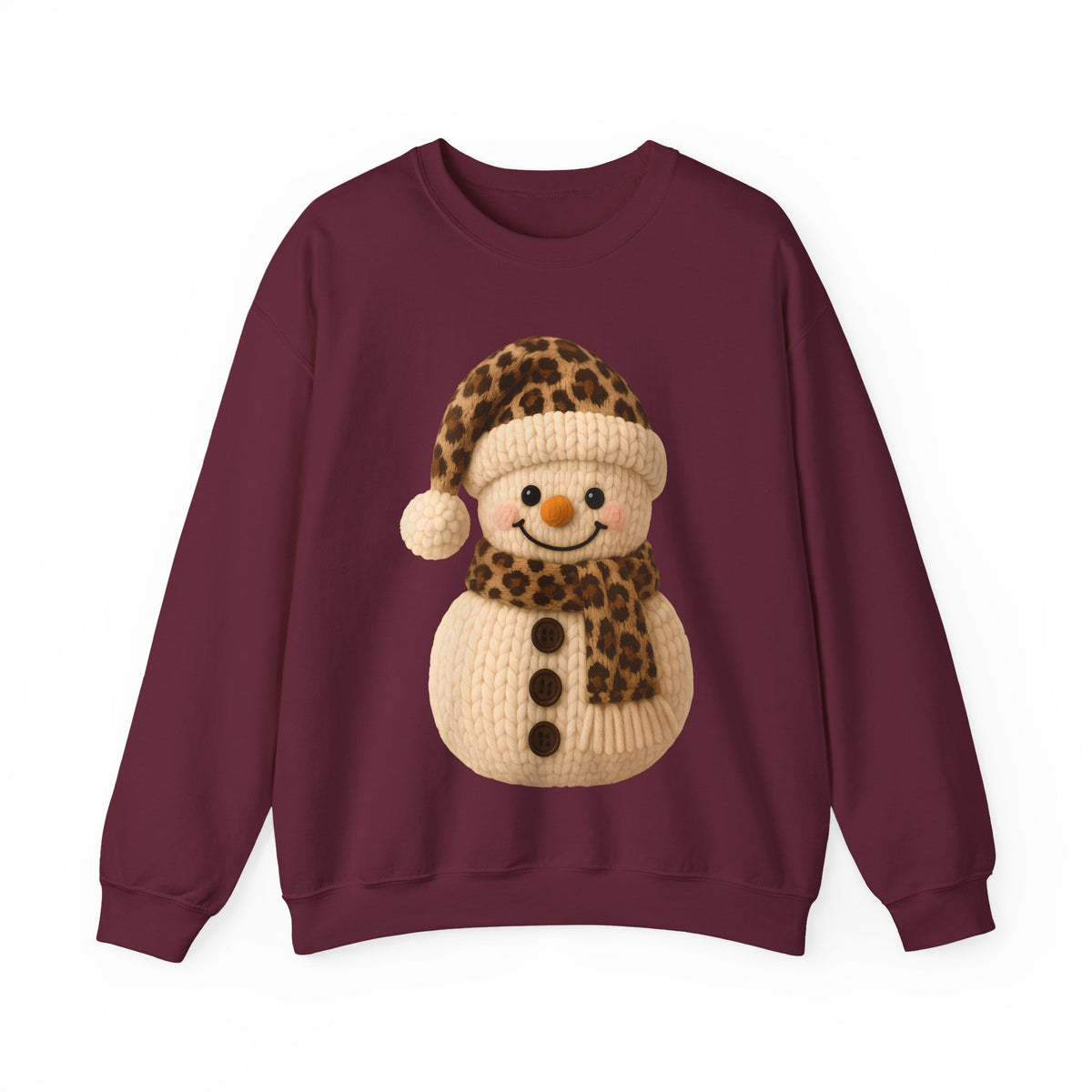 Cute Leopard Faux Knit Snowman Winter – Gildan Heavy Blend | Trendy Women’s Soft Sweatshirt. Direct to Garment. Printed & Shipped in the USA. Unisex Sizes.
