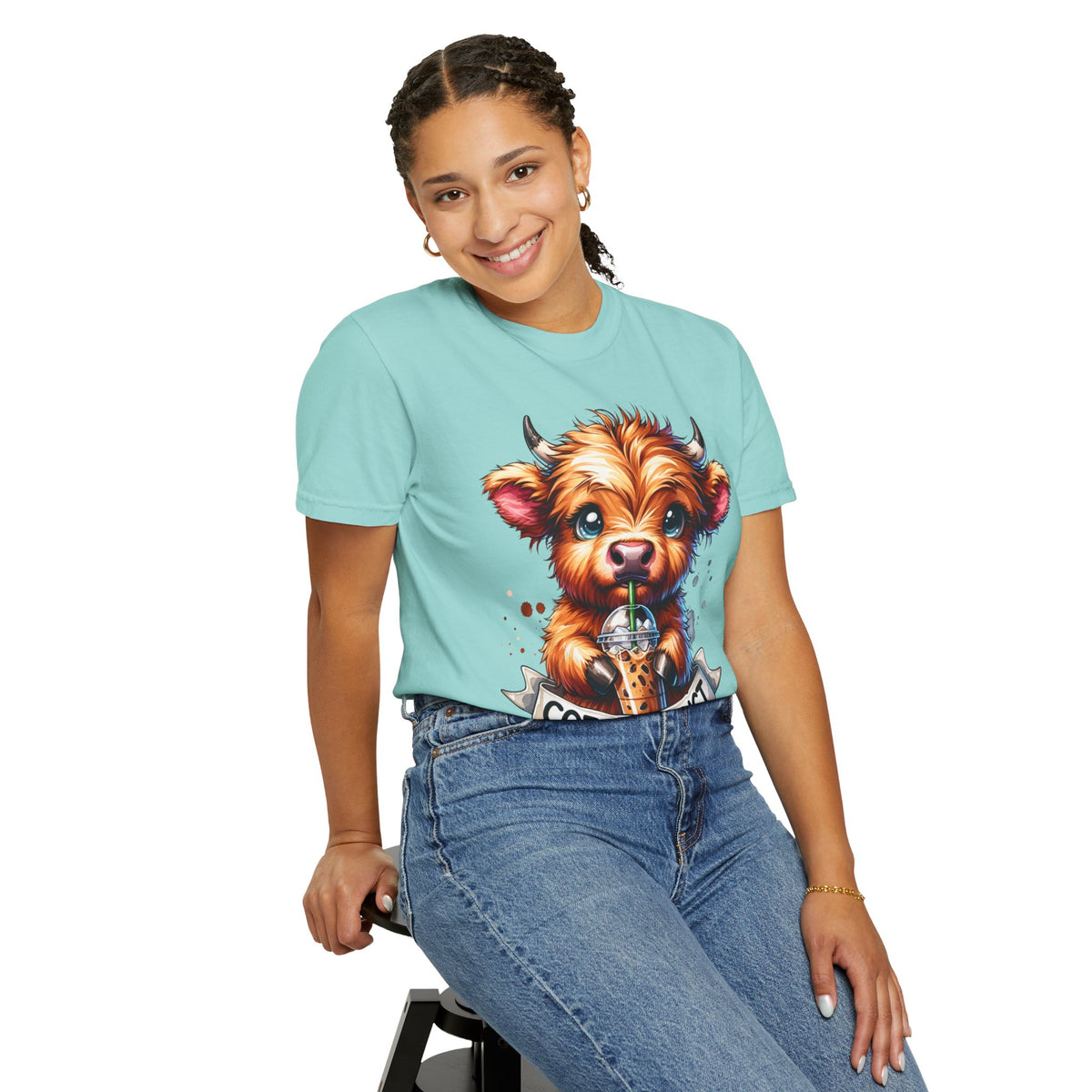 Coffee Addict Highland Cow Drinking Iced Coffee - Comfort Colors | Trendy Women's T-Shirt. Direct to Garment. Printed & Shipped in the USA. Unisex Sizes.