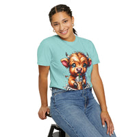 Coffee Addict Highland Cow Drinking Iced Coffee - Comfort Colors | Trendy Women's T-Shirt. Direct to Garment. Printed & Shipped in the USA. Unisex Sizes.