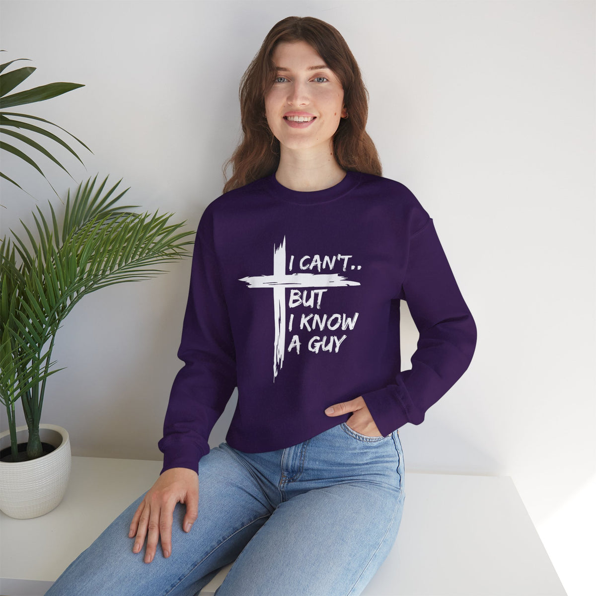 I Can't But I Know A Guy, Faith Cross Christian Jesus – Gildan Heavy Blend | Trendy Women’s and Men's Soft Sweatshirt. Direct to Garment. Printed & Shipped in the USA. Unisex Sizes.