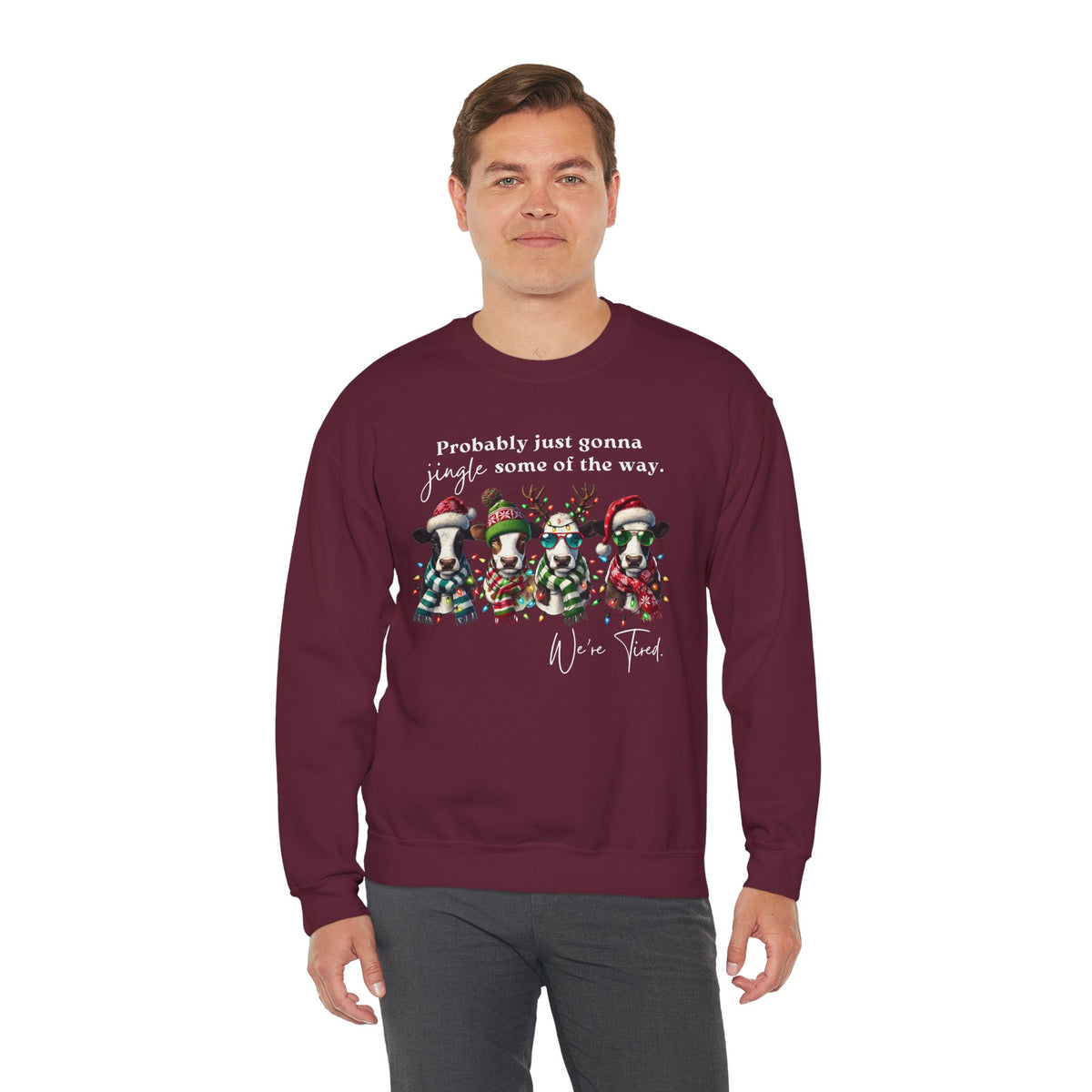 Christmas Cows - Probably Just Gonna Jingle Some Of The Way – Gildan Heavy Blend | Trendy Women’s and Men's Soft Sweatshirt. Direct to Garment. Printed & Shipped in the USA. Unisex Sizes.