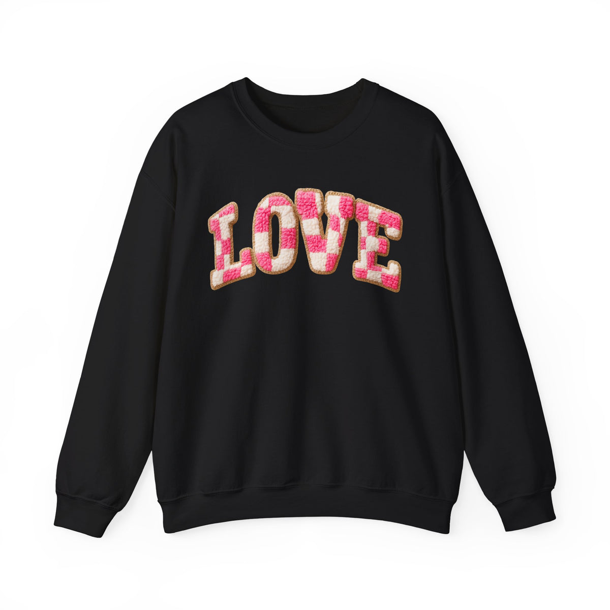 Faux Crochet Checkered LOVE – Gildan Heavy Blend | Trendy Women’s Soft Sweatshirt. Direct to Garment. Printed & Shipped in the USA. Unisex Sizes.