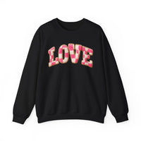 Faux Crochet Checkered LOVE – Gildan Heavy Blend | Trendy Women’s Soft Sweatshirt. Direct to Garment. Printed & Shipped in the USA. Unisex Sizes.
