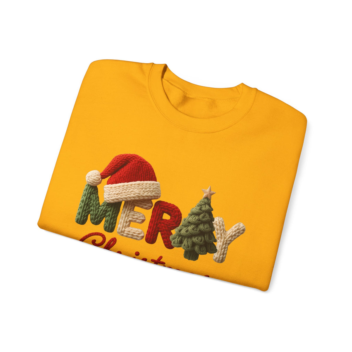 Merry Christmas Faux Yarn w/Santa Hat & Tree – Gildan Heavy Blend | Trendy Women’s Soft Sweatshirt. Direct to Garment. Printed & Shipped in the USA. Unisex Sizes.