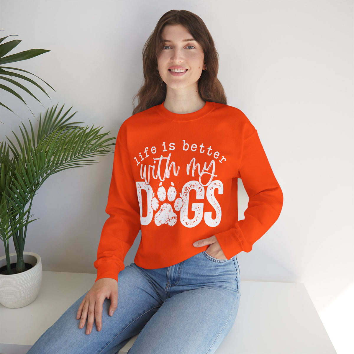 Life Is Better With My Dogs, Distressed – Gildan Heavy Blend | Trendy Women’s and Men's Soft Sweatshirt. Direct to Garment. Printed & Shipped in the USA. Unisex Sizes.