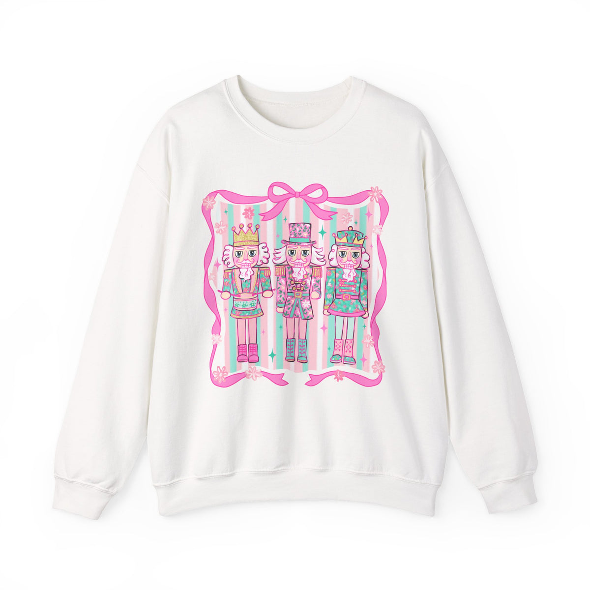 Coquette Pastel Christmas Nutcracker Trio Pink and Green – Gildan Heavy Blend | Trendy Women’s Soft Sweatshirt. Direct to Garment. Printed & Shipped in the USA. Unisex Sizes.