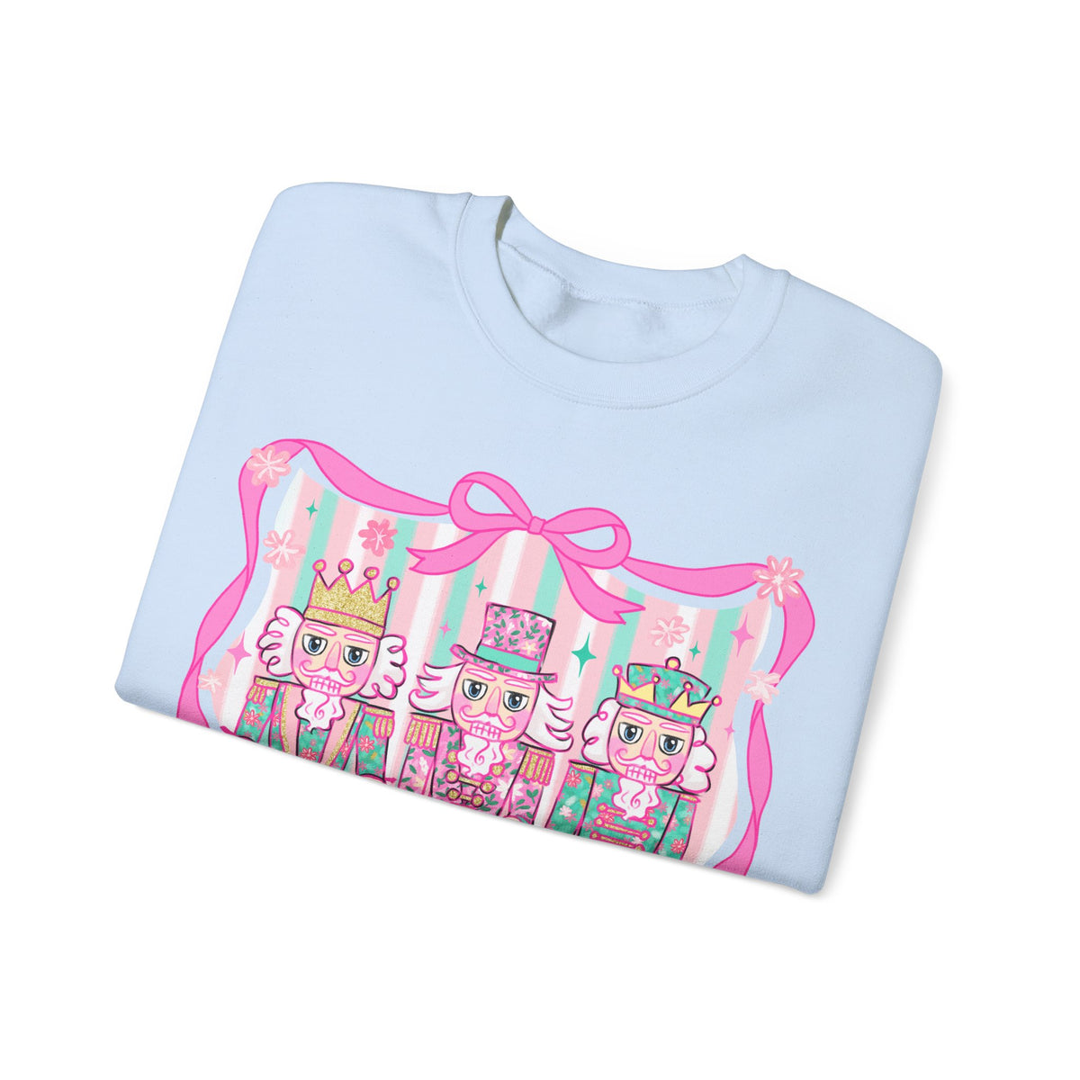 Coquette Pastel Christmas Nutcracker Trio Pink and Green – Gildan Heavy Blend | Trendy Women’s Soft Sweatshirt. Direct to Garment. Printed & Shipped in the USA. Unisex Sizes.