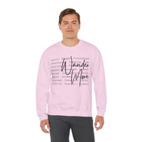 Wander More, Scenic Adventure Typography – Gildan Heavy Blend | Trendy Men's and Women’s Soft Sweatshirt. Direct to Garment. Printed & Shipped in the USA. Unisex Sizes.