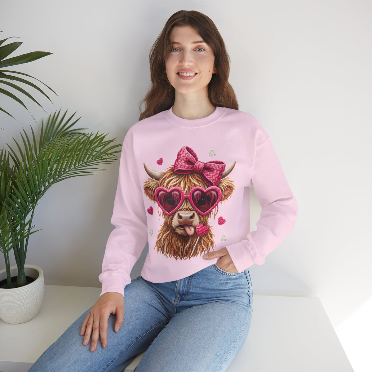 Highland Cow - Pink Heart Shaped Glasses – Gildan Heavy Blend | Trendy Women’s Soft Sweatshirt. Direct to Garment. Printed & Shipped in the USA. Unisex Sizes.