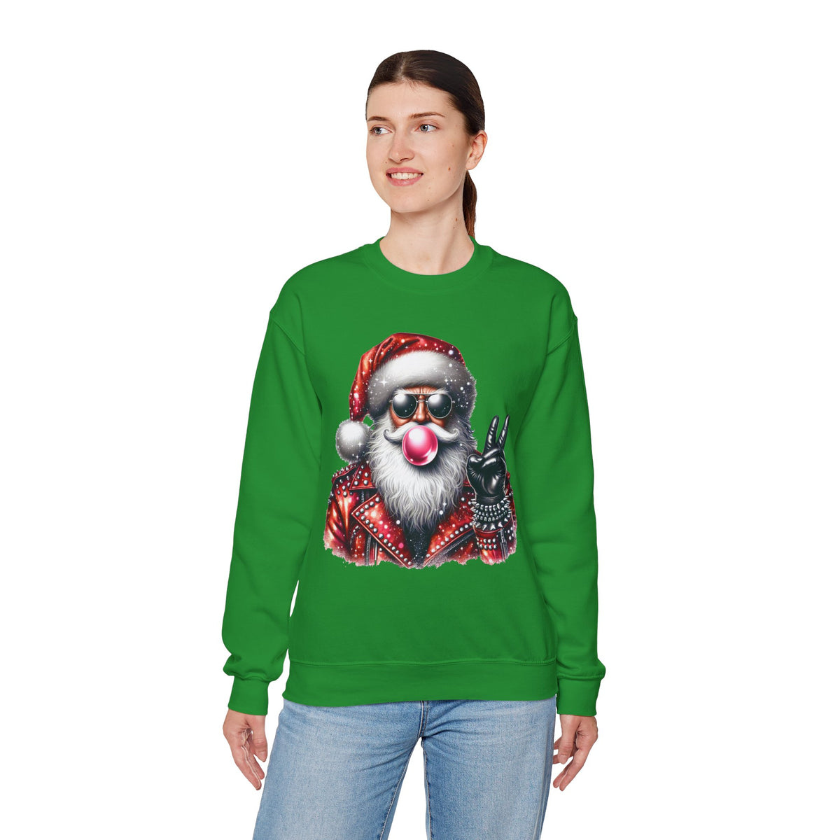 Biker Santa Leather Jacket Bubblegum – Gildan Heavy Blend | Trendy Women’s and Men's Soft Sweatshirt. Direct to Garment. Printed & Shipped in the USA. Unisex Sizes.