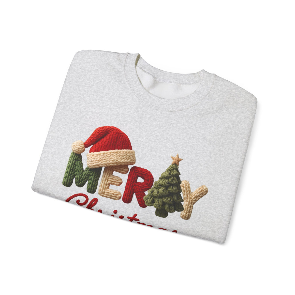Merry Christmas Faux Yarn w/Santa Hat & Tree – Gildan Heavy Blend | Trendy Women’s Soft Sweatshirt. Direct to Garment. Printed & Shipped in the USA. Unisex Sizes.