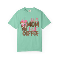 Half Mom Half Coffee. Cute Leopard Print Coffee Design - Comfort Colors | Trendy Women's T-Shirt. Direct to Garment. Printed & Shipped in the USA. Unisex Sizes.