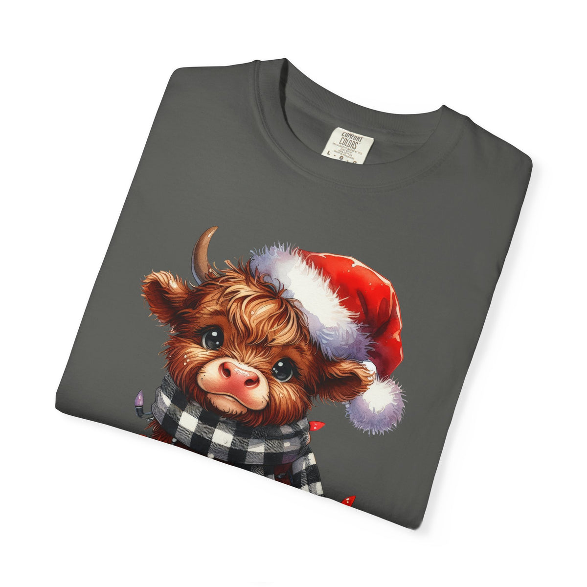Cute Highland Cow Santa Hat Scarf Christmas Lights - Comfort Colors | Trendy Unisex T-Shirt. Direct to Garment. Printed & Shipped in the USA. Unisex Sizes.