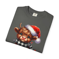 Cute Highland Cow Santa Hat Scarf Christmas Lights - Comfort Colors | Trendy Unisex T-Shirt. Direct to Garment. Printed & Shipped in the USA. Unisex Sizes.