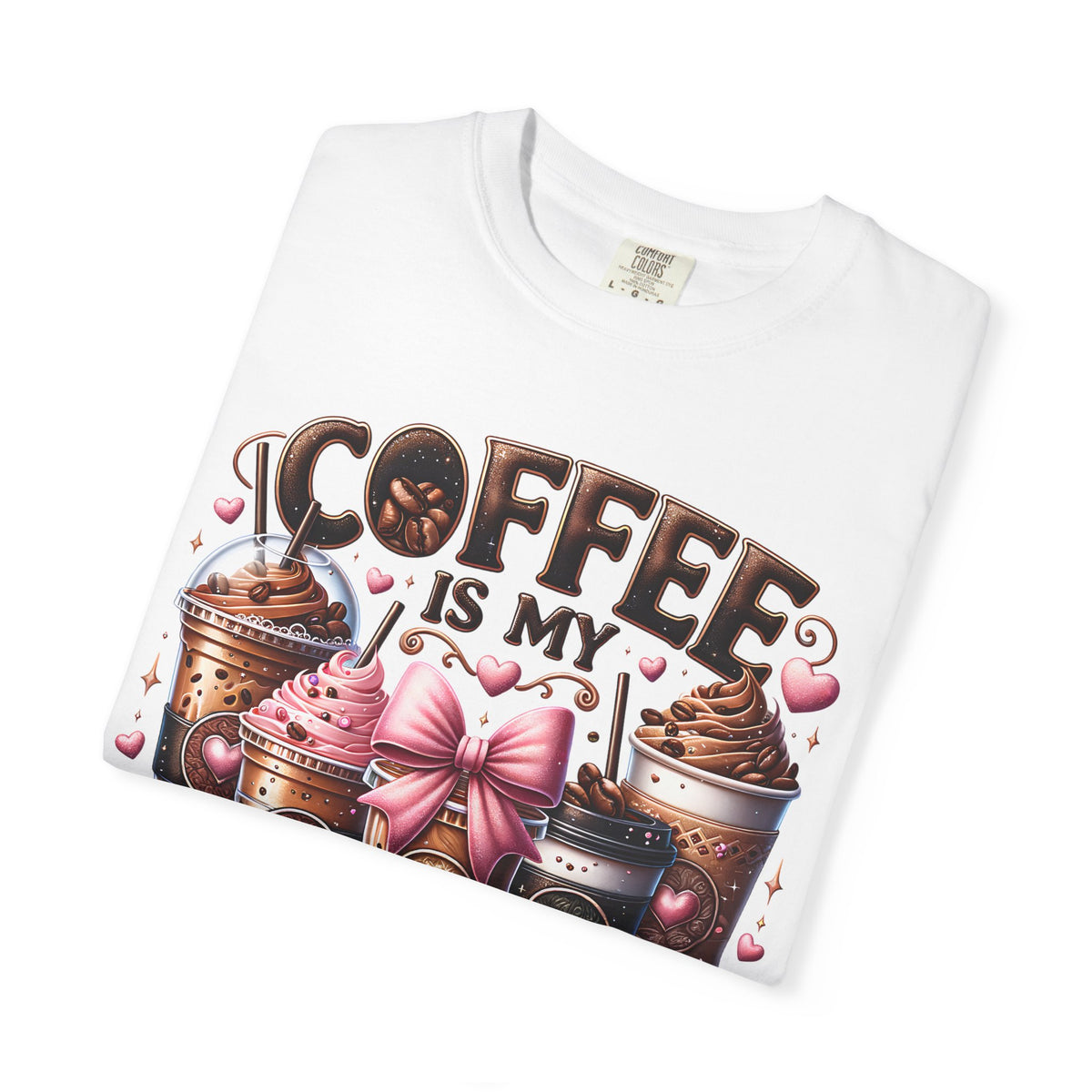 Coffee Is My Soul Food, Iced Coffee, Pink Bow - Comfort Colors | Trendy Women's T-Shirt. Direct to Garment. Printed & Shipped in the USA. Unisex Sizes.