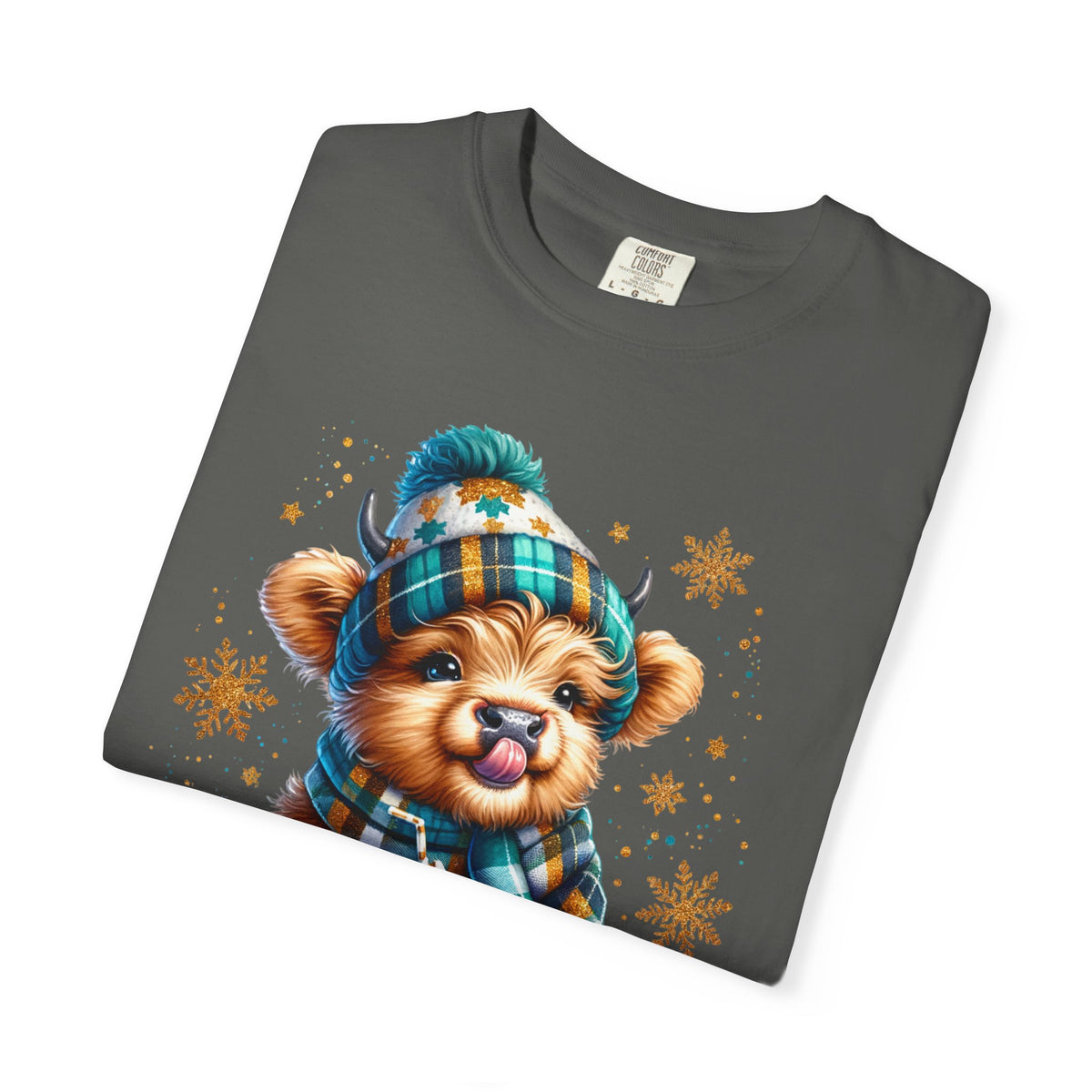 Winter Baby Highland Cow with Cocoa  - Comfort Colors | Trendy Women's T-Shirt. Direct to Garment. Printed & Shipped in the USA. Unisex Sizes.