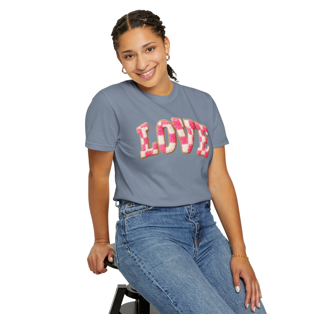 Faux Crochet Checkered LOVE - Comfort Colors | Trendy Women's T-Shirt. Direct to Garment. Printed & Shipped in the USA. Unisex Sizes.